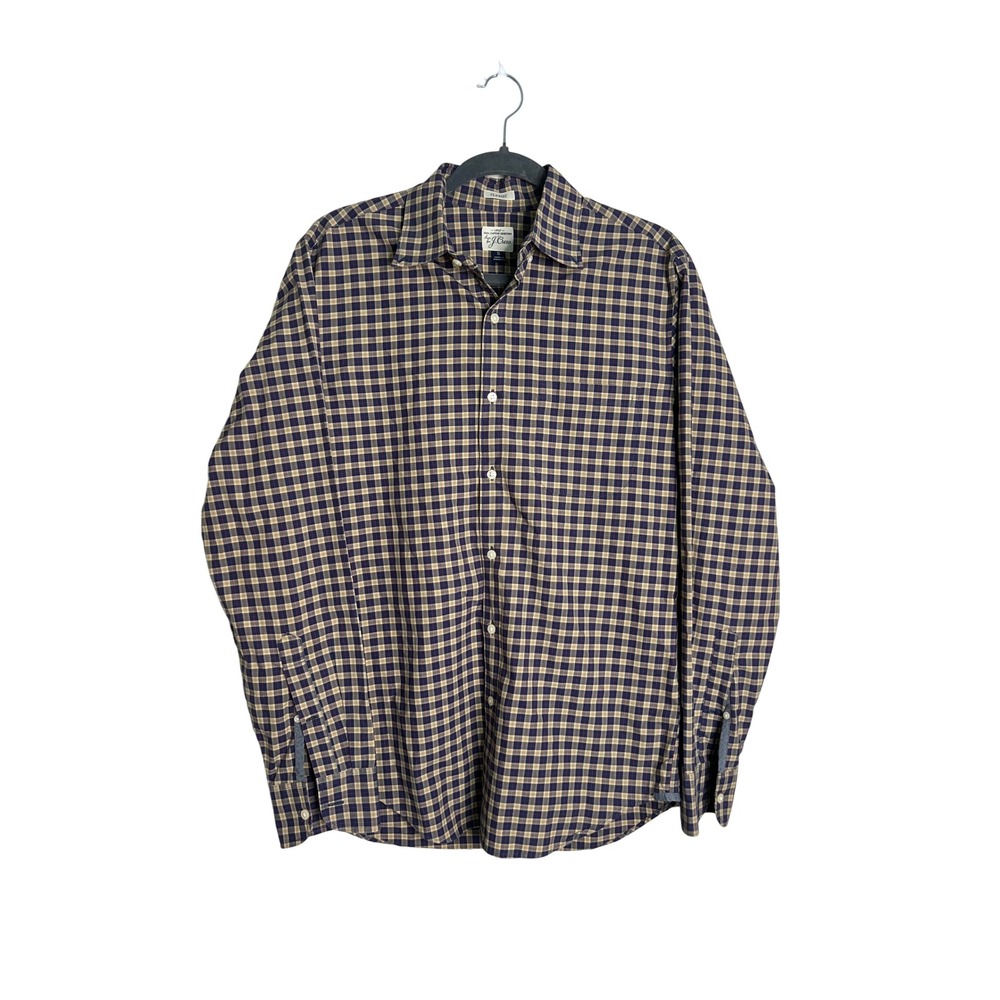 J.Crew Mens Classic Fit Plaid Button Down Shirt Navy Tan 100%‎ Cotton Small